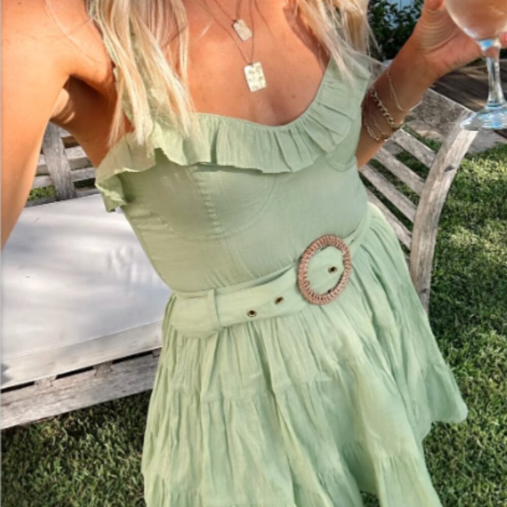 Green mini dress with matching belt